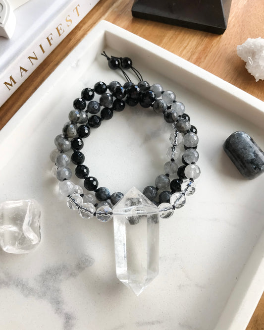 FROM THE ASHES Mala Necklace | Black Onyx, Clear Quartz, Grey Quartz + Larvikite