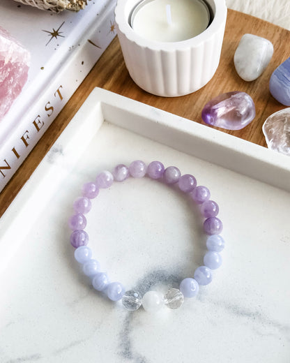 SPIRITUAL CONNECTION Mala Bracelet | Blue Lace Agate, Clear Quartz, Lavender Amethyst + Rainbow Moonstone