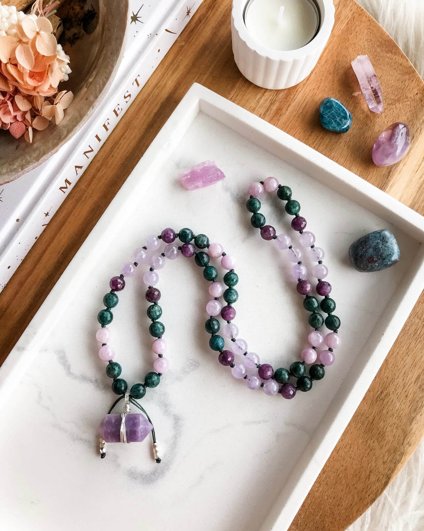 BLOSSOM Mini Mala Necklace | Amethyst, Apatite, Kunzite, Lepidolite + Ruby