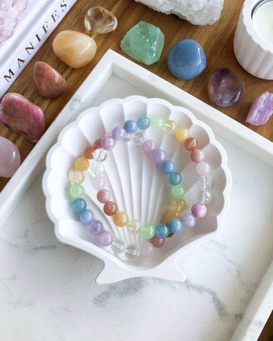 PASTEL RAINBOW Mala Bracelet | Amethyst, Angelite, Blue Calcite, Citrine, Clear Quartz, Green Calcite, Kunzite, Peach Moonstone, Pink Opal, Rose Quartz + Yellow Calcite