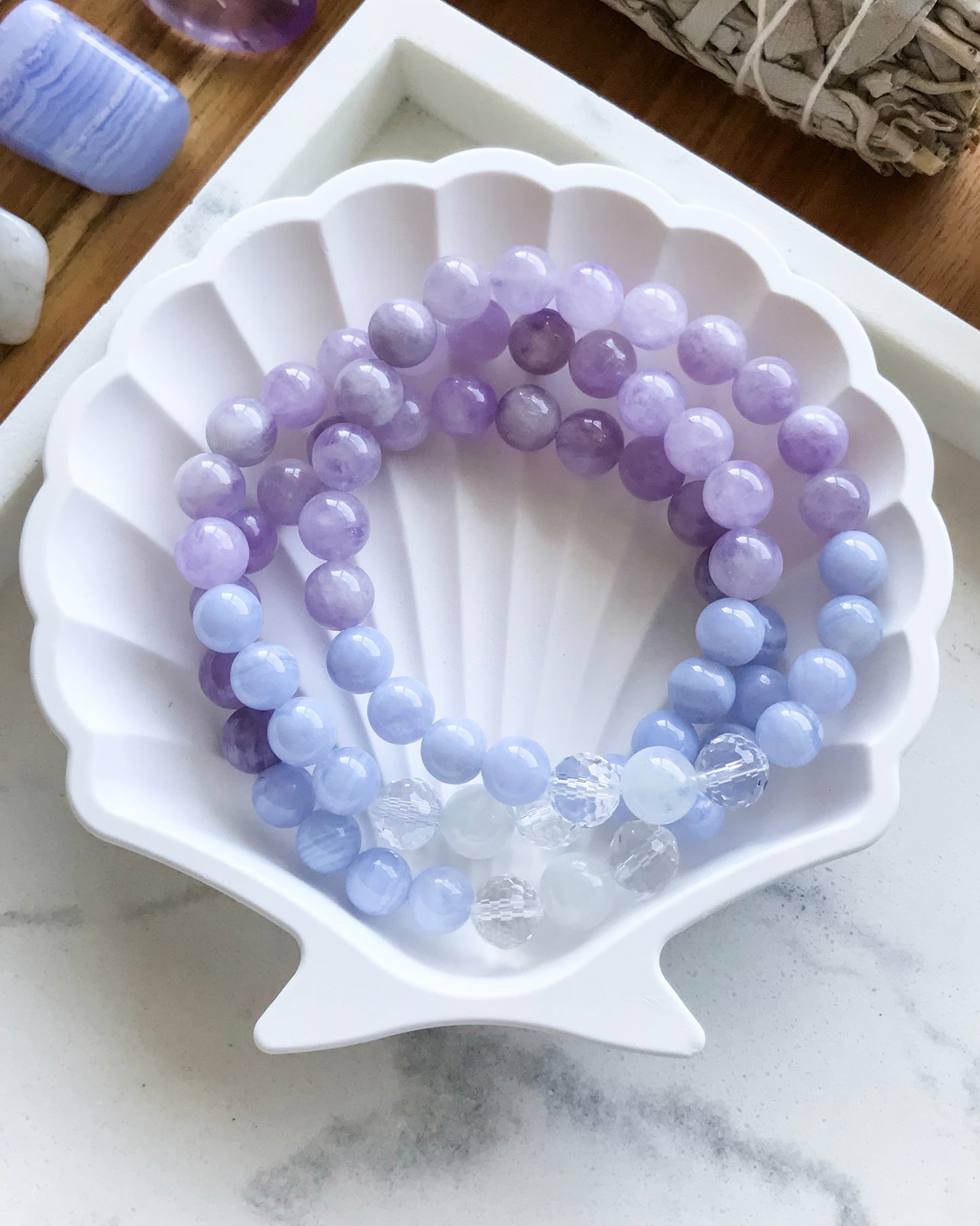 SPIRITUAL CONNECTION Mala Bracelet | Blue Lace Agate, Clear Quartz, Lavender Amethyst + Rainbow Moonstone