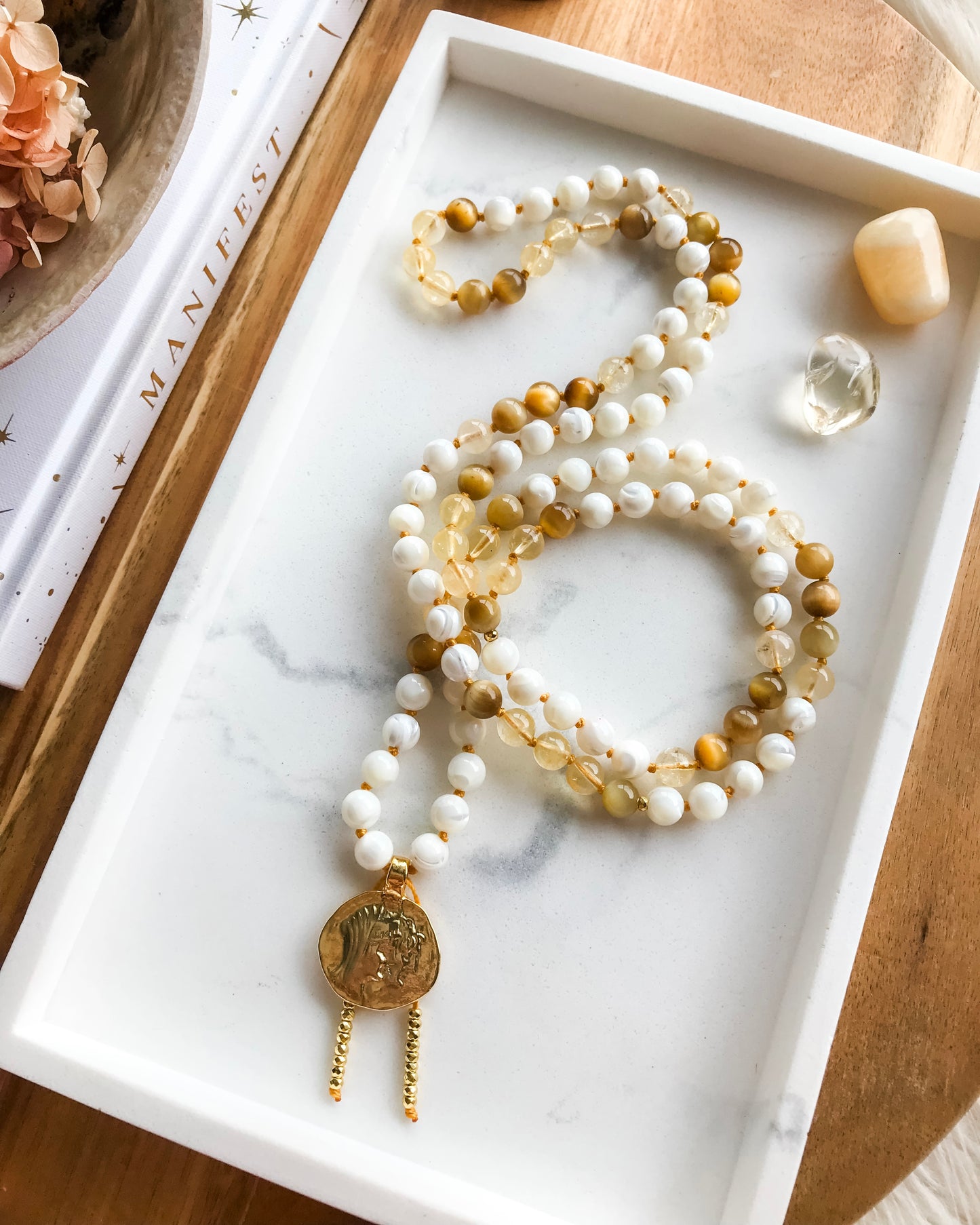 MILK + HONEY Mala Necklace | Citrine, Honey Tiger Eye + Mother of Pearl