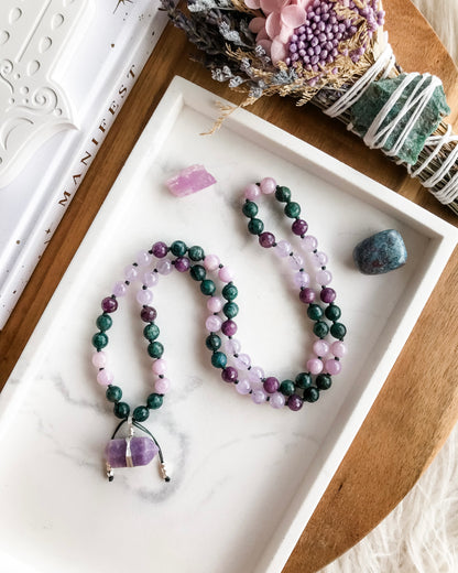 BLOSSOM Mini Mala Necklace | Amethyst, Apatite, Kunzite, Lepidolite + Ruby