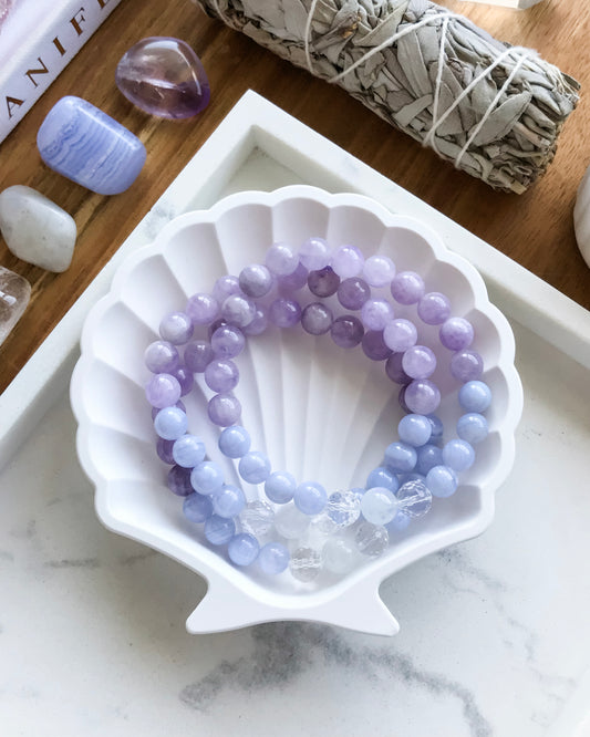 SPIRITUAL CONNECTION Mala Bracelet | Blue Lace Agate, Clear Quartz, Lavender Amethyst + Rainbow Moonstone