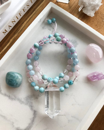 WORK YOUR LIGHT Mini Mala Necklace | Aquamarine, Clear Quartz, Kunzite, Larimar + Rose Quartz