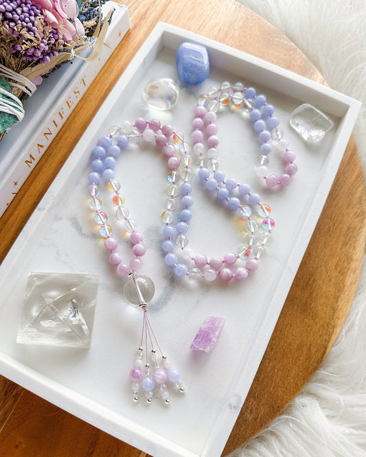 ENCHANTING MAGIC Mala Necklace | Aura Quartz, Blue Lace Agate, Clear Quartz, Kunzite + Rainbow Moonstone
