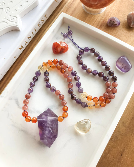 INNER FIRE Mini Mala Necklace | Ametrine, Carnelian, Citrine, Sunstone Quartz + Super Seven