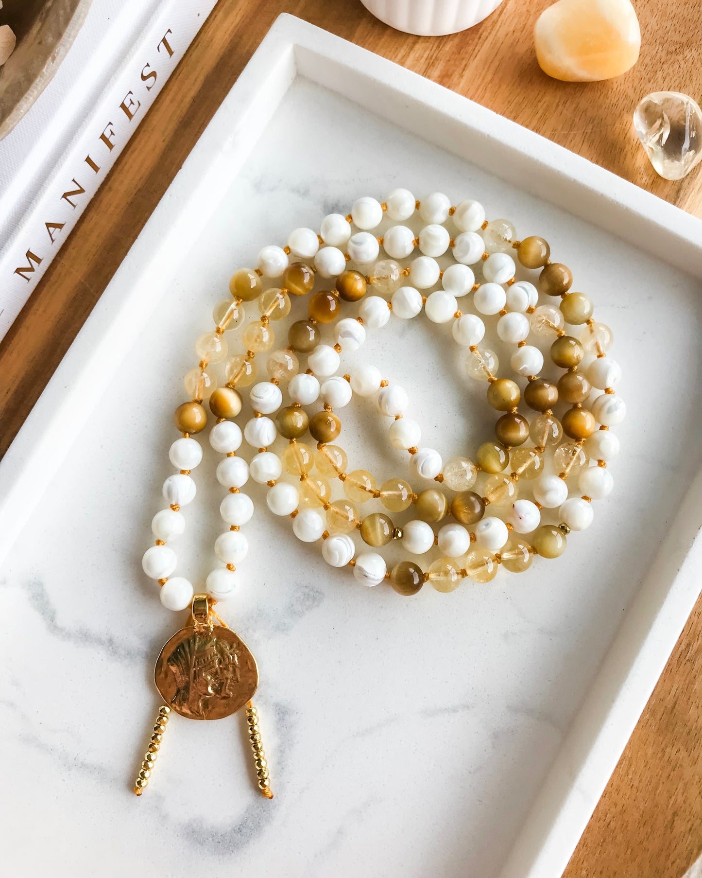 MILK + HONEY Mala Necklace | Citrine, Honey Tiger Eye + Mother of Pearl