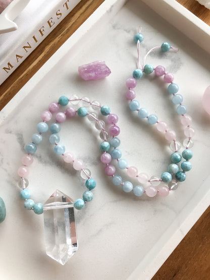 WORK YOUR LIGHT Mini Mala Necklace | Aquamarine, Clear Quartz, Kunzite, Larimar + Rose Quartz