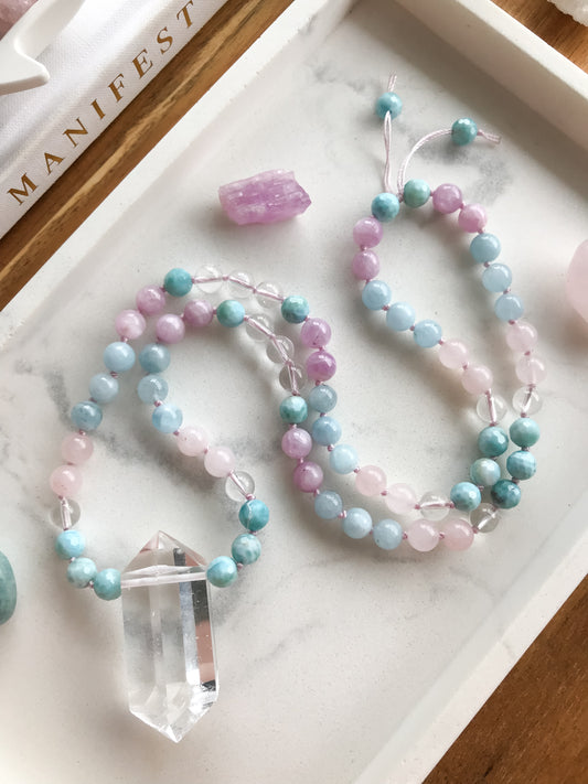 WORK YOUR LIGHT Mala Necklace | Aquamarine, Clear Quartz, Kunzite, Larimar + Rose Quartz