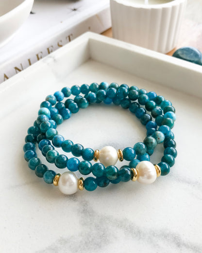 ATLANTIS Mala Bracelet | Freshwater Pearl + Blue Apatite