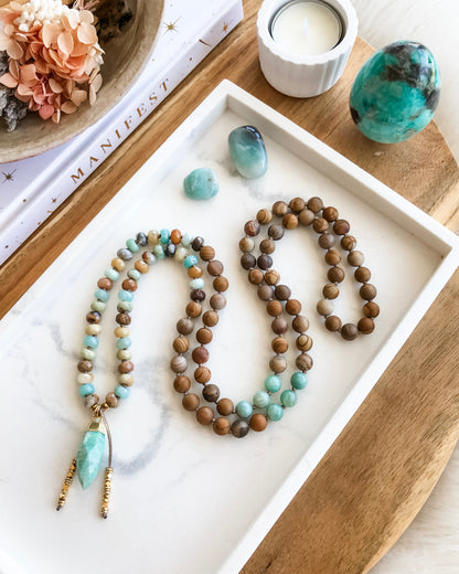 ISLAND IN THE SUN Mala Necklace | Amazonite, Matte Petrified Wood + Matte Picture Jasper