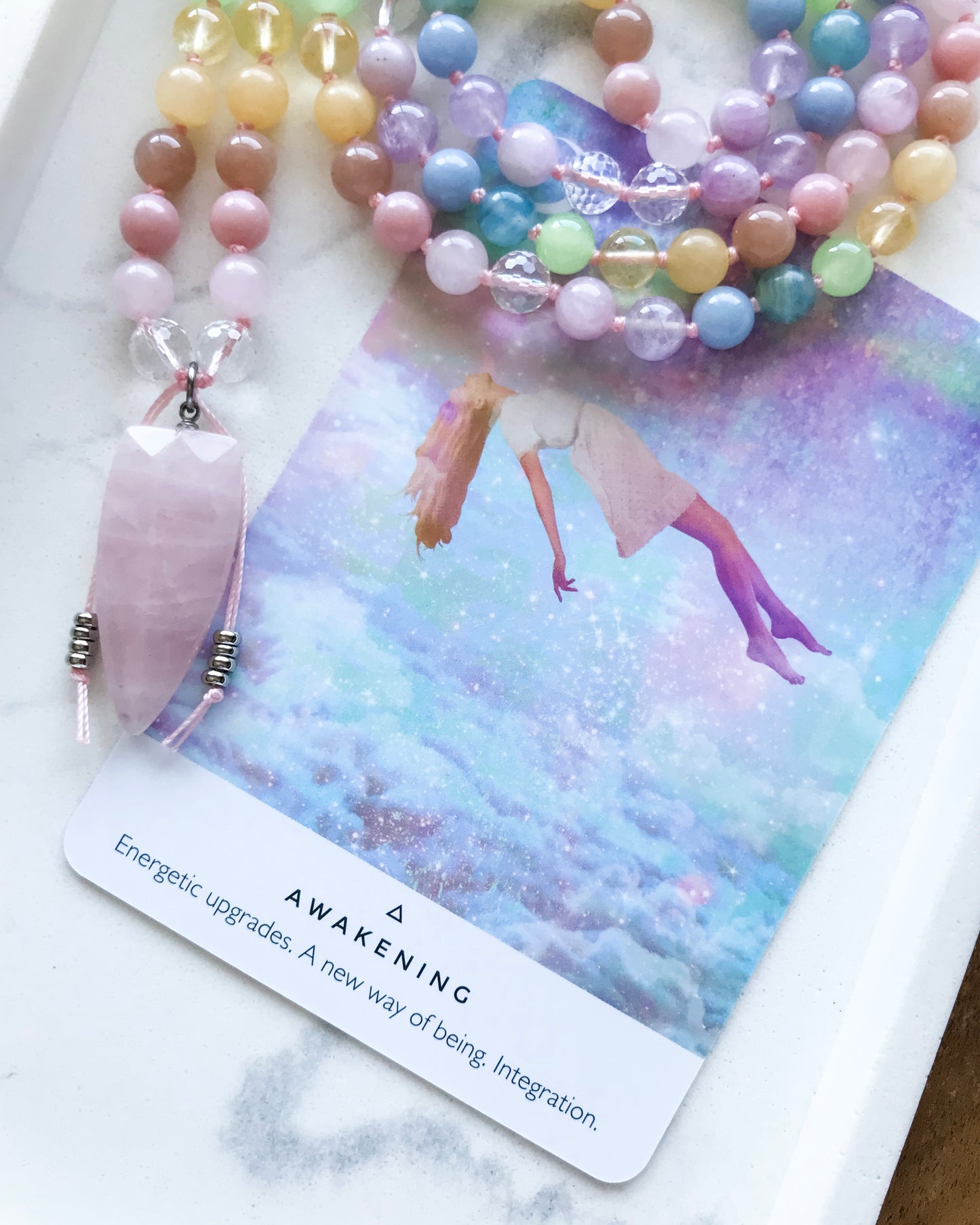 PASTEL RAINBOW Mala Necklace | Amethyst, Angelite, Blue Calcite, Citrine, Clear Quartz, Green Calcite, Kunzite, Peach Moonstone, Pink Opal, Rose Quartz + Yellow Calcite