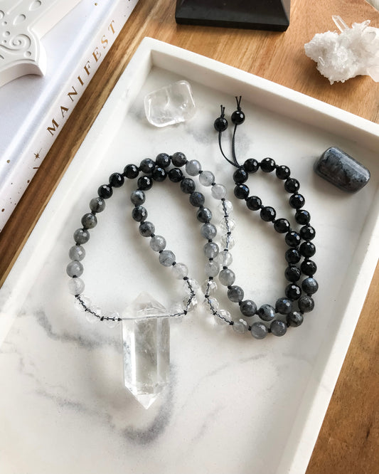 FROM THE ASHES Mini Mala Necklace | Black Onyx, Clear Quartz, Grey Quartz + Larvikite