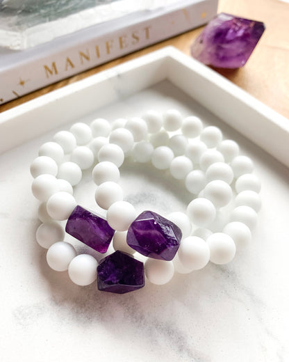 PURE PEACE Mala Bracelet | Amethyst + White Onyx