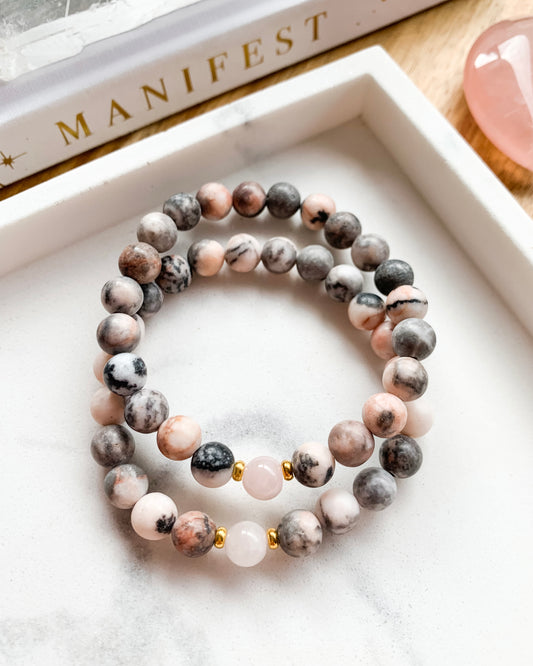 COMPASSIONATE LOVE Mala Bracelet | Pink Zebra Jasper + Rose Quartz