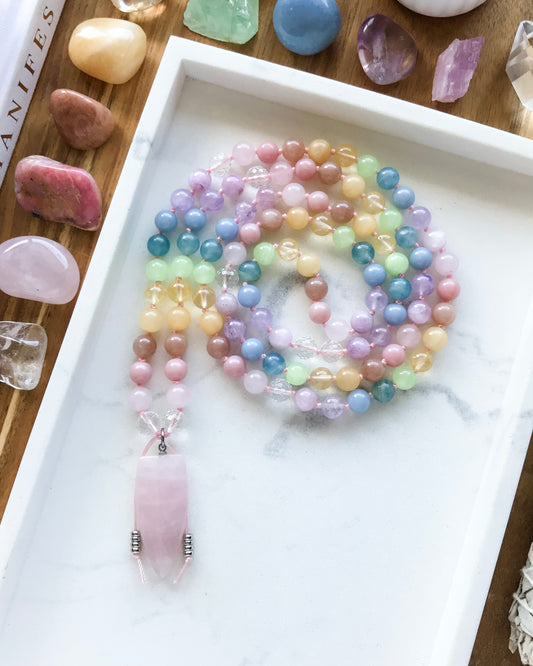 PASTEL RAINBOW Mala Necklace | Amethyst, Angelite, Blue Calcite, Citrine, Clear Quartz, Green Calcite, Kunzite, Peach Moonstone, Pink Opal, Rose Quartz + Yellow Calcite