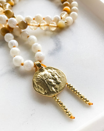 MILK + HONEY Mala Necklace | Citrine, Honey Tiger Eye + Mother of Pearl