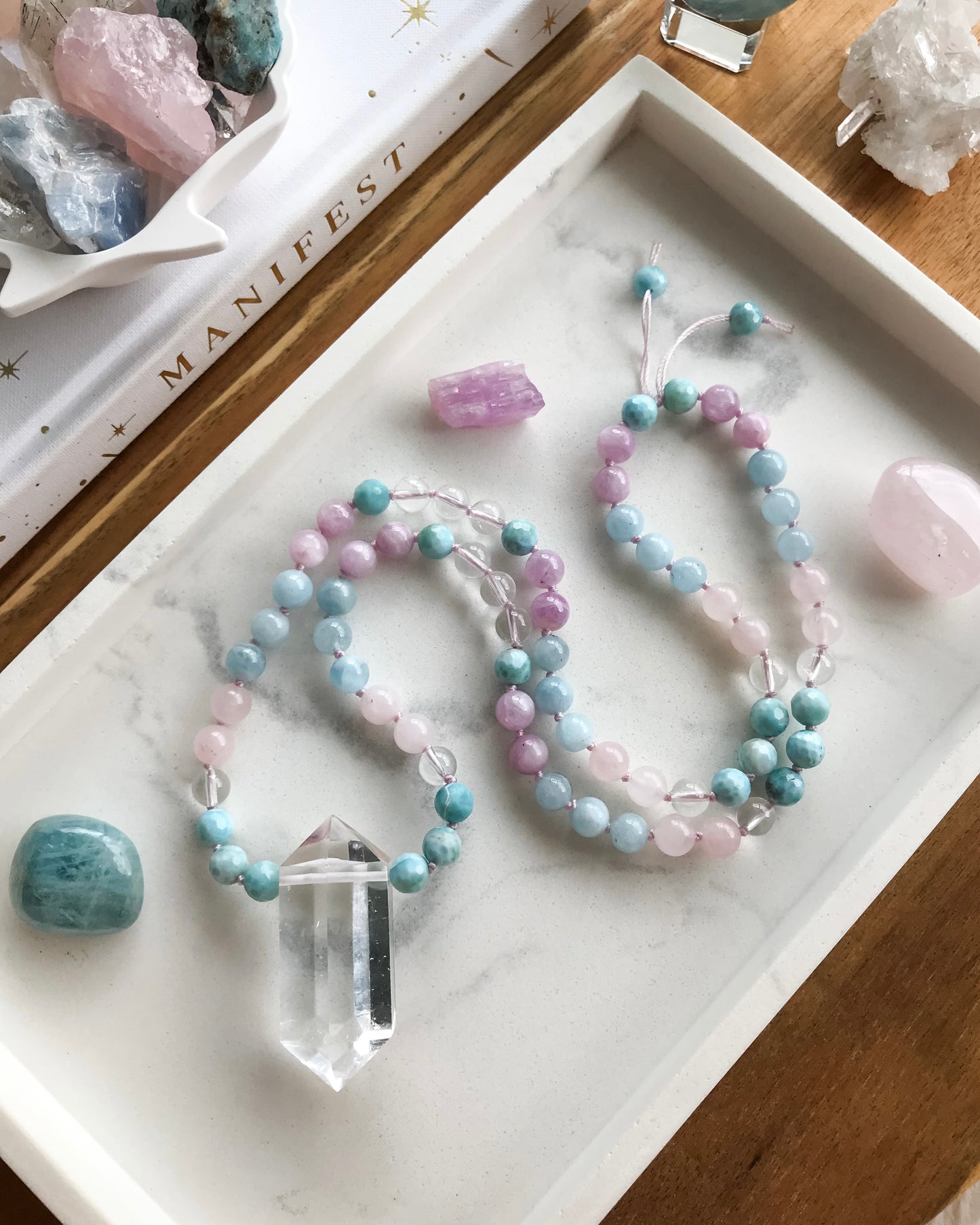 WORK YOUR LIGHT Mini Mala Necklace | Aquamarine, Clear Quartz, Kunzite, Larimar + Rose Quartz