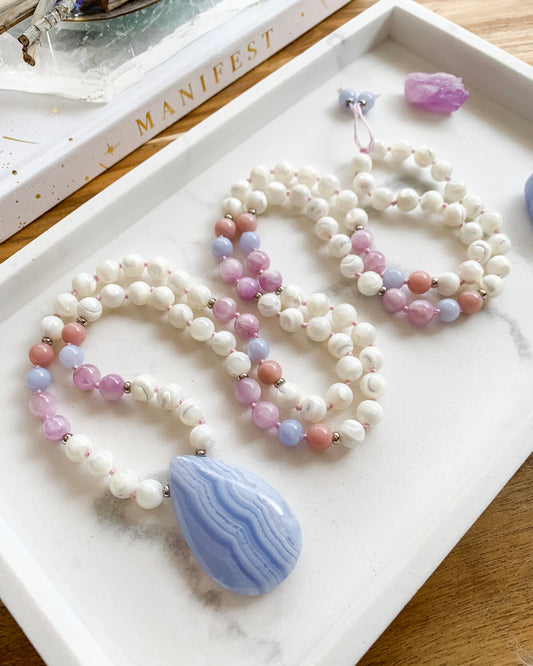 SEASHELLS Mala Necklace | Blue Lace Agate, Kunzite, Mother of Pearl + Pink Opal