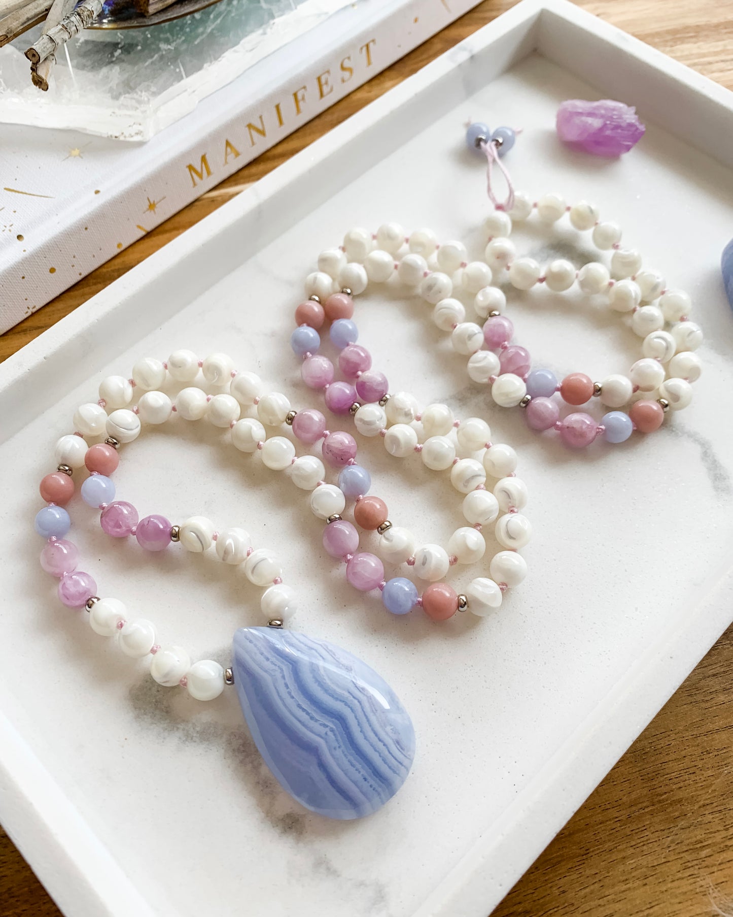 Custom Order for Karen: SEASHELLS Mala Necklace | Blue Lace Agate, Kunzite, Mother of Pearl + Pink Opal