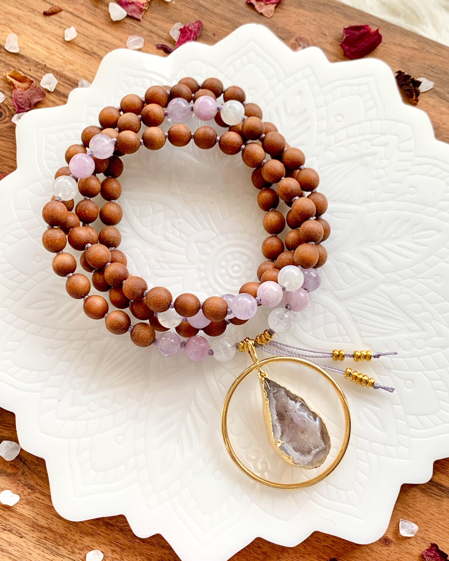 INNER PEACE Mala Necklace | Amethyst, Kunzite, Rainbow Moonstone + Sandalwood