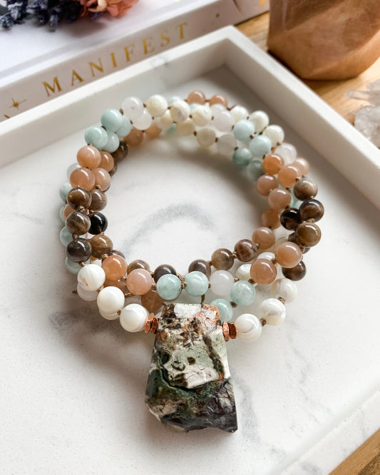 REBIRTH Mala Necklace | Jade, Moonstone, Mother of Pearl + Ocean Jasper