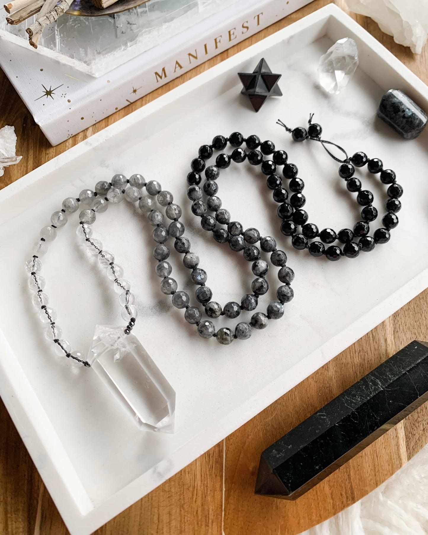 INTO THE LIGHT Mala Necklace | Black Onyx, Clear Quartz, Grey Quartz + Larvikite