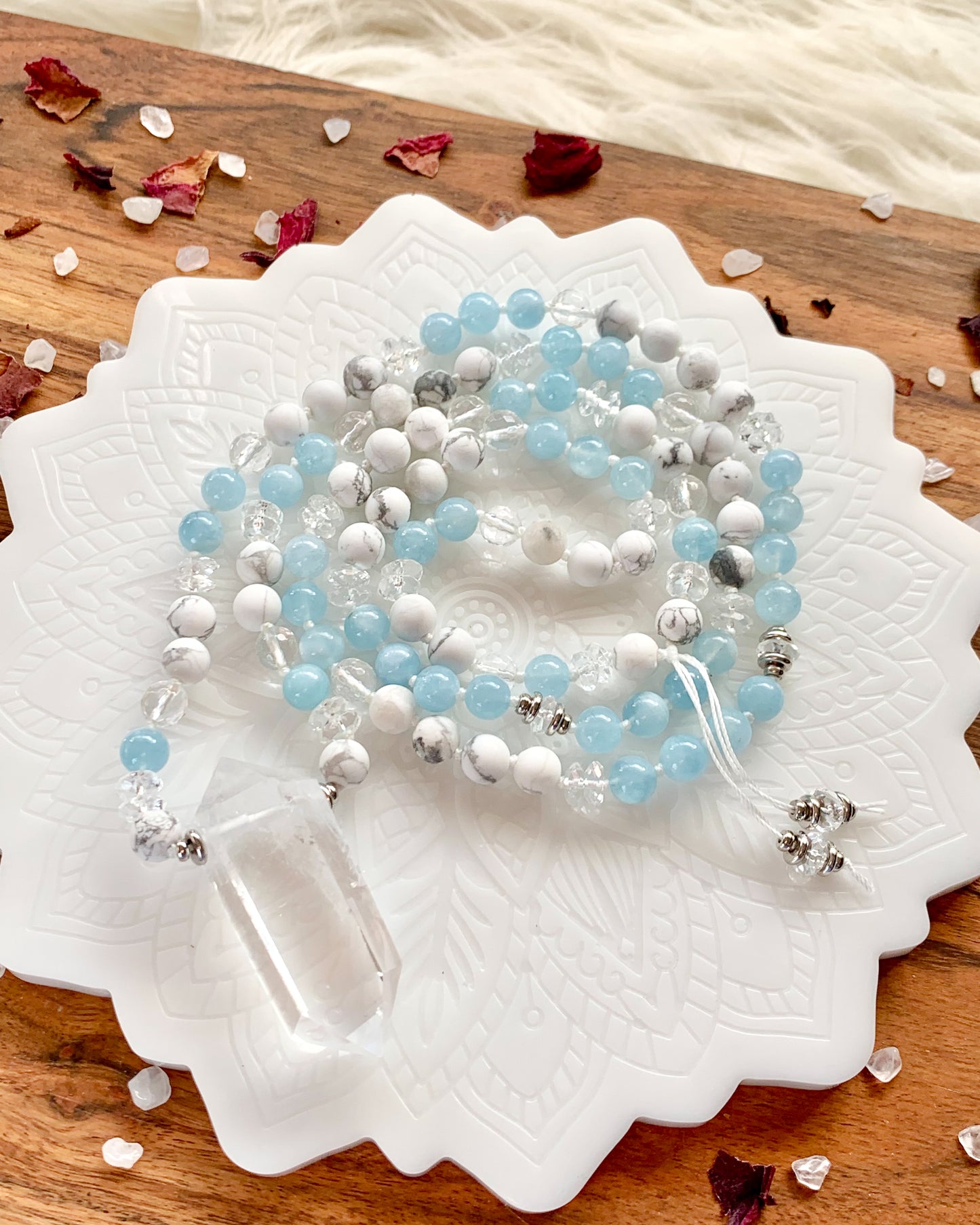 WINTER BLUES Mala Necklace | Aquamarine, Clear Quartz + Howlite