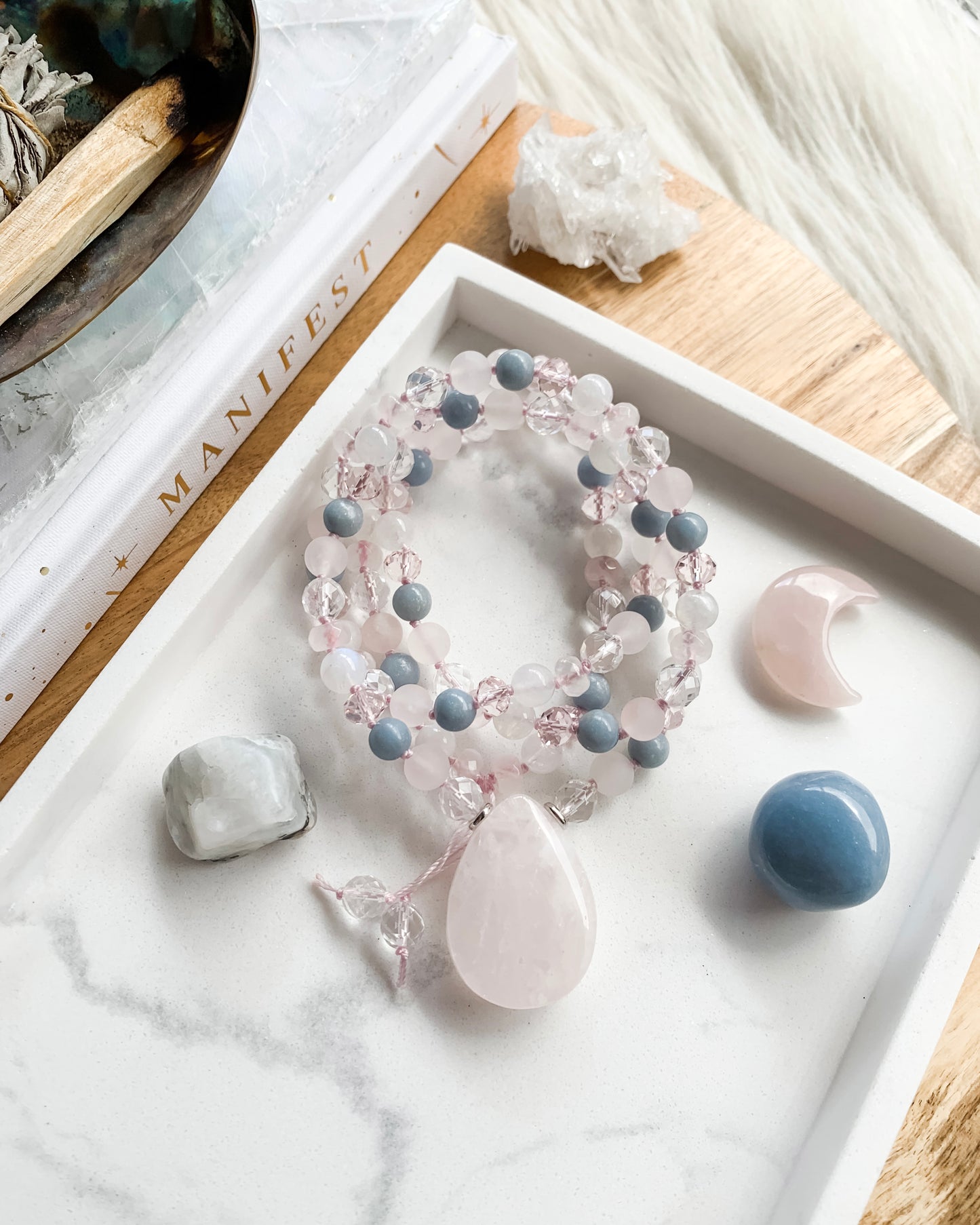 SPRINGTIME BLOSSOM Mala Necklace | Angelite, Clear Quartz, Rainbow Moonstone + Rose Quartz
