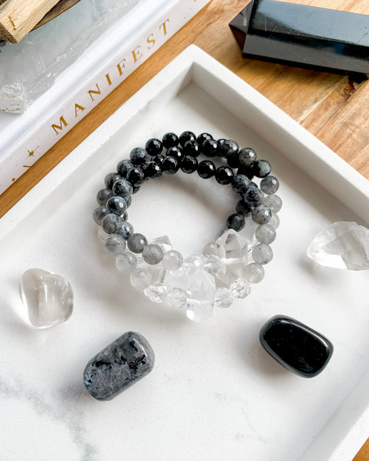 INTO THE LIGHT Mala Bracelet | Black Onyx, Clear Quartz, Grey Quartz + Larvikite