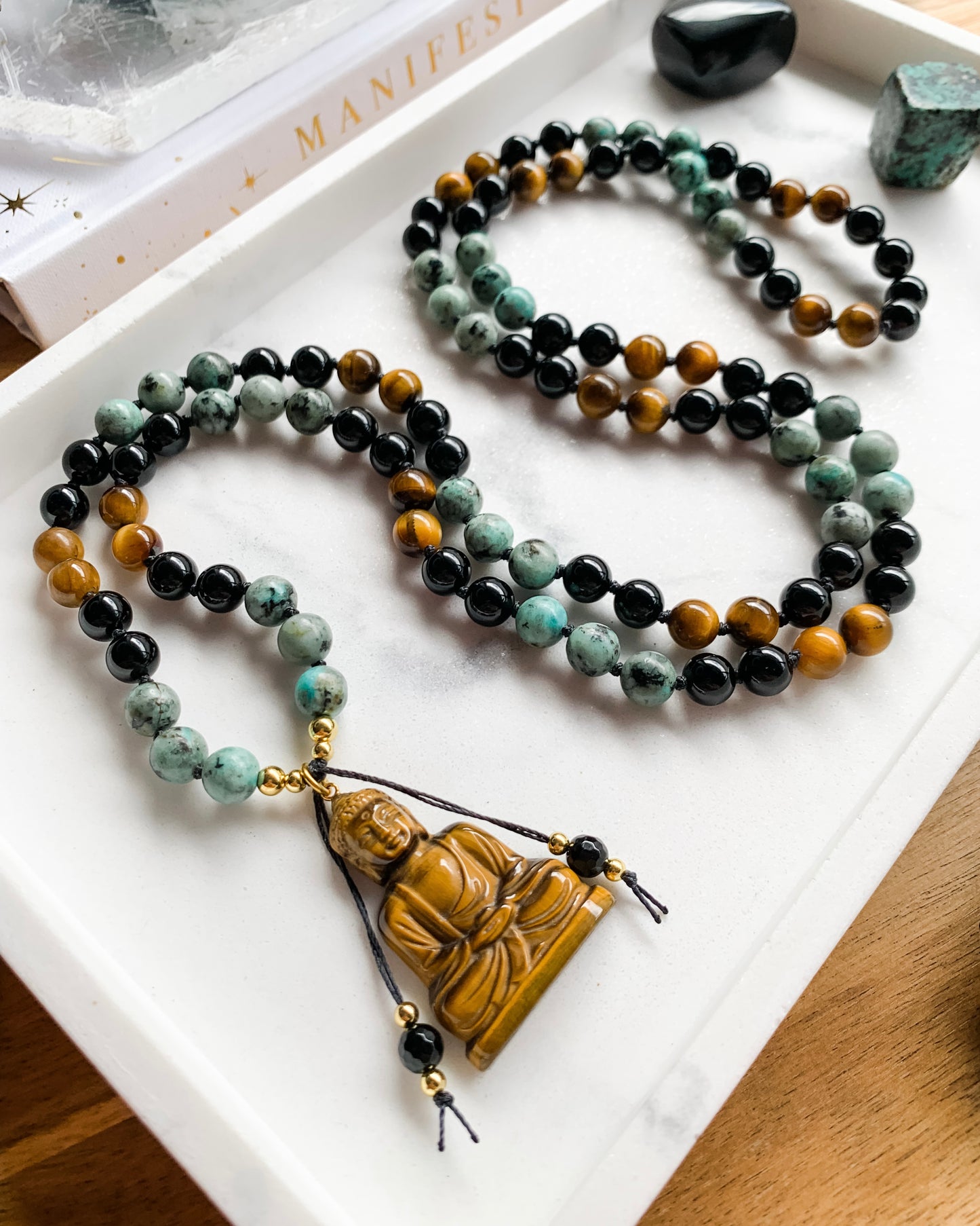 EMPOWERING EVOLUTION Mala Necklace | African Turquoise, Black Onyx + Brown Tiger Eye