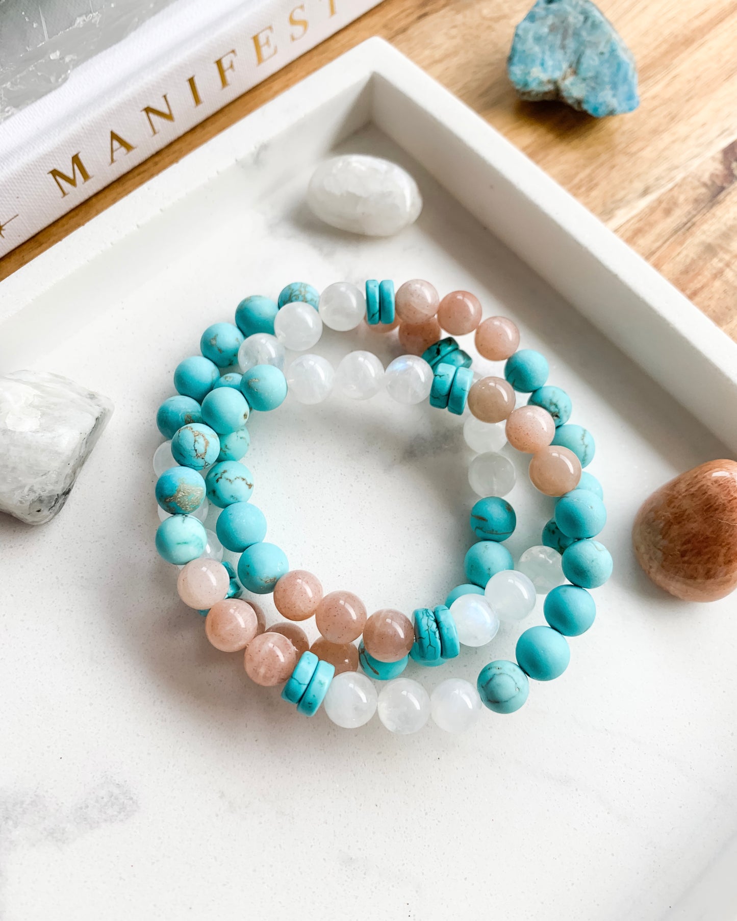 SAINT TROPEZ Mala Bracelet | Howlite, Peach Moonstone, Rainbow Moonstone + Turquoise Magnesite