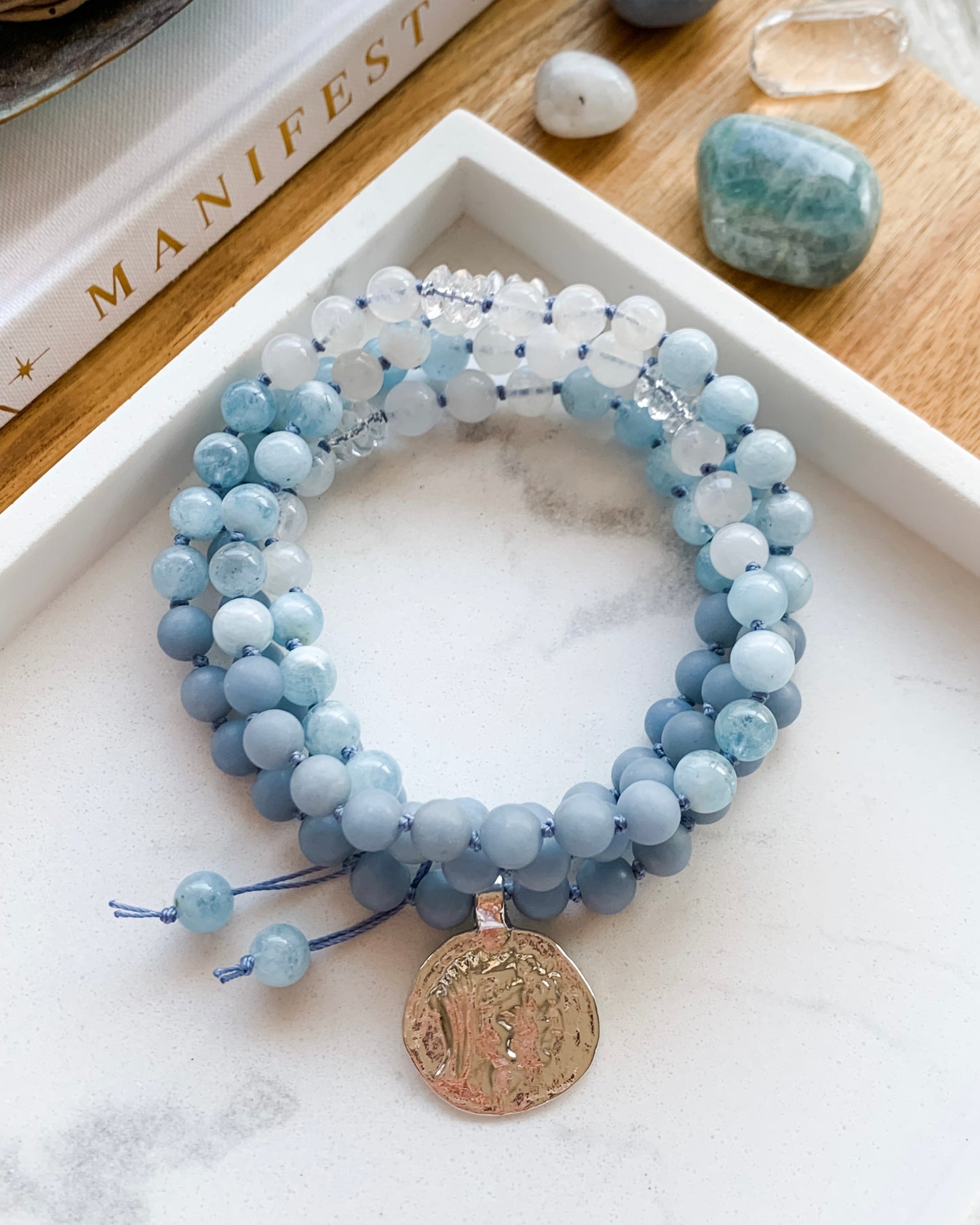 STORMY SEAS Mala Necklace | Angelite, Aquamarine, Clear Quartz + Moonstone