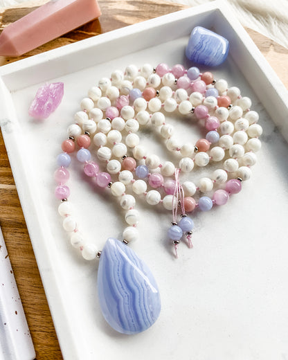 Custom Order for Karen: SEASHELLS Mala Necklace | Blue Lace Agate, Kunzite, Mother of Pearl + Pink Opal