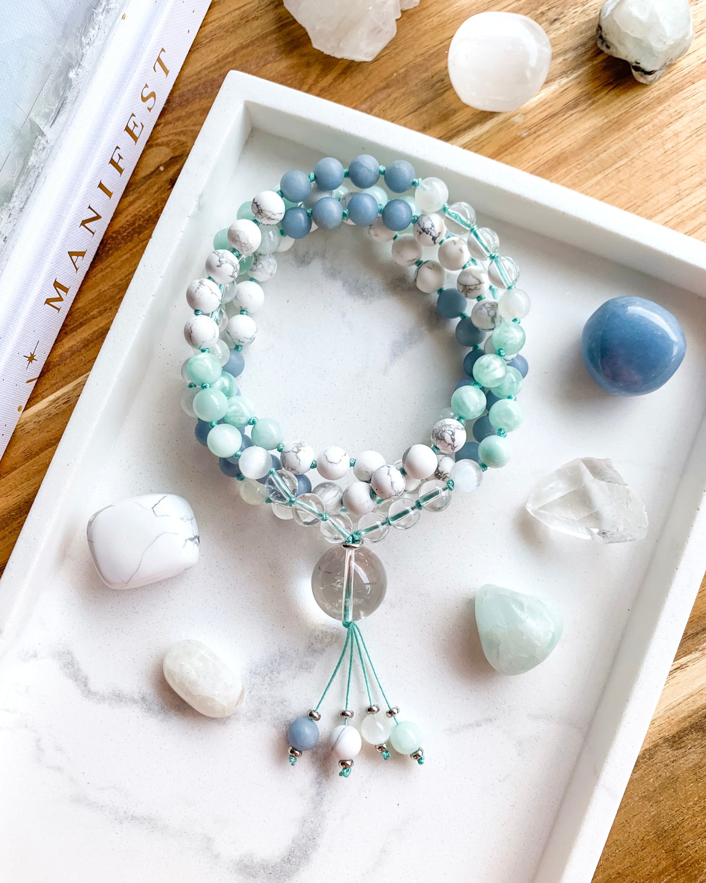 TRANQUIL WATERS Mala Necklace | Angelite, Clear Quartz, Moonstone, Selenite + White Howlite
