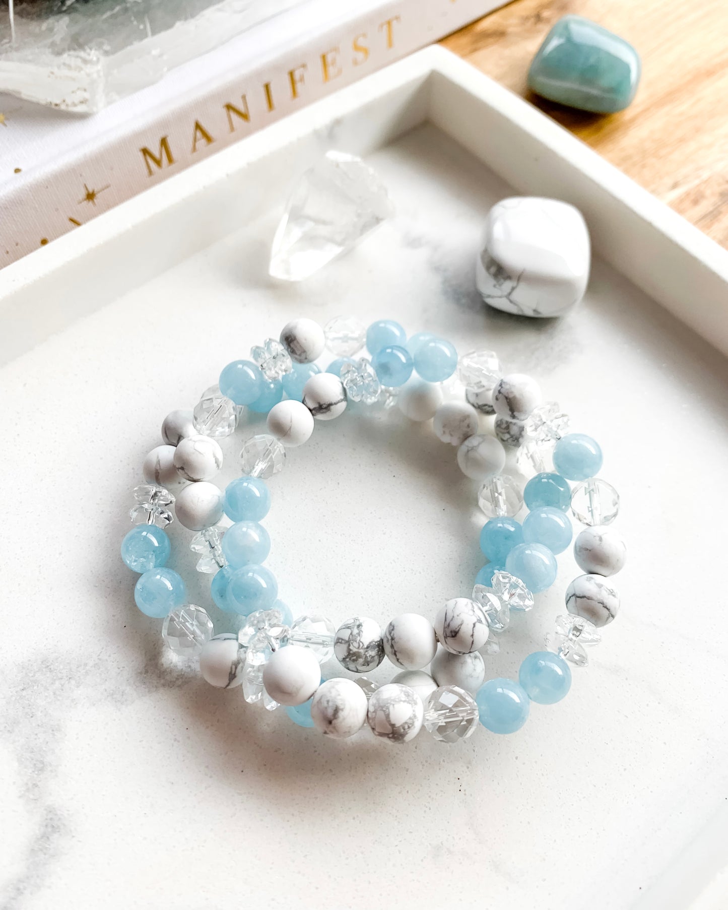 WINTER BLUES Mala Bracelet | Aquamarine, Clear Quartz + Howlite