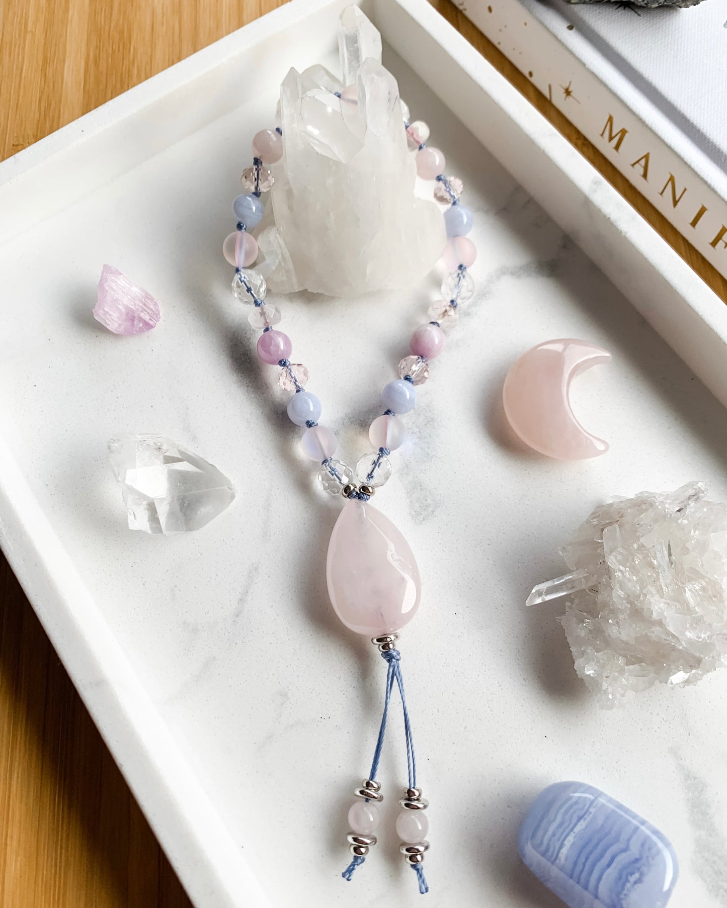 COTTON CANDY SKIES Worry Beads | Aura Quartz, Blue Lace Agate, Clear Quartz, Kunzite + Rose Quartz