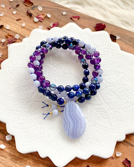 DREAM WEAVER Mala Necklace | Amethyst, Aura Quartz, Blue Lace Agate + Lapis Lazuli