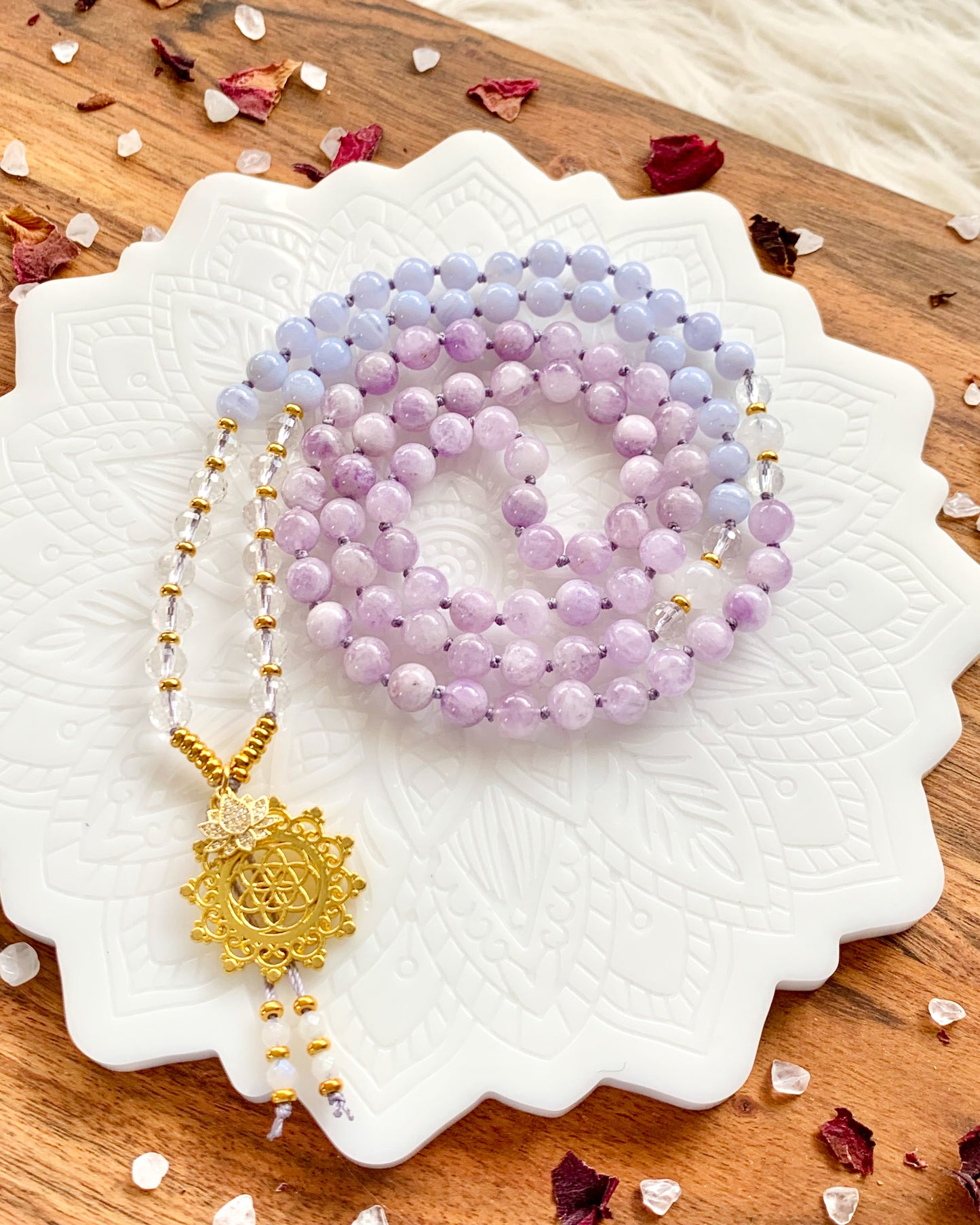 SPIRITUAL CONNECTION Mala Necklace | Amethyst, Blue Lace Agate, Clear Quartz + Rainbow Moonstone
