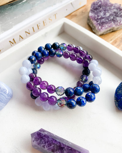 DREAM WEAVER Mala Bracelet | Amethyst, Aura Quartz, Blue Lace Agate + Lapis Lazuli