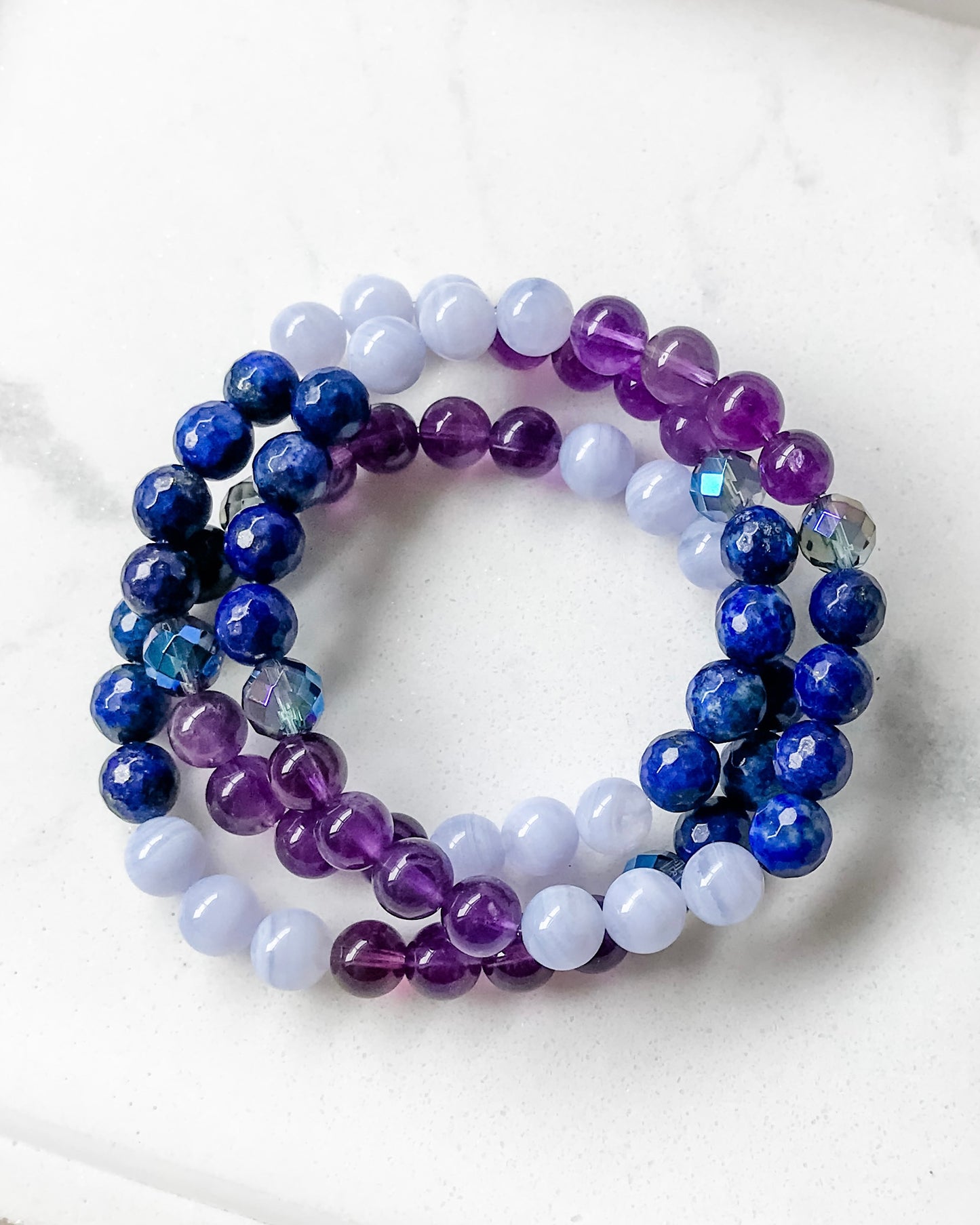 DREAM WEAVER Mala Bracelet | Amethyst, Aura Quartz, Blue Lace Agate + Lapis Lazuli