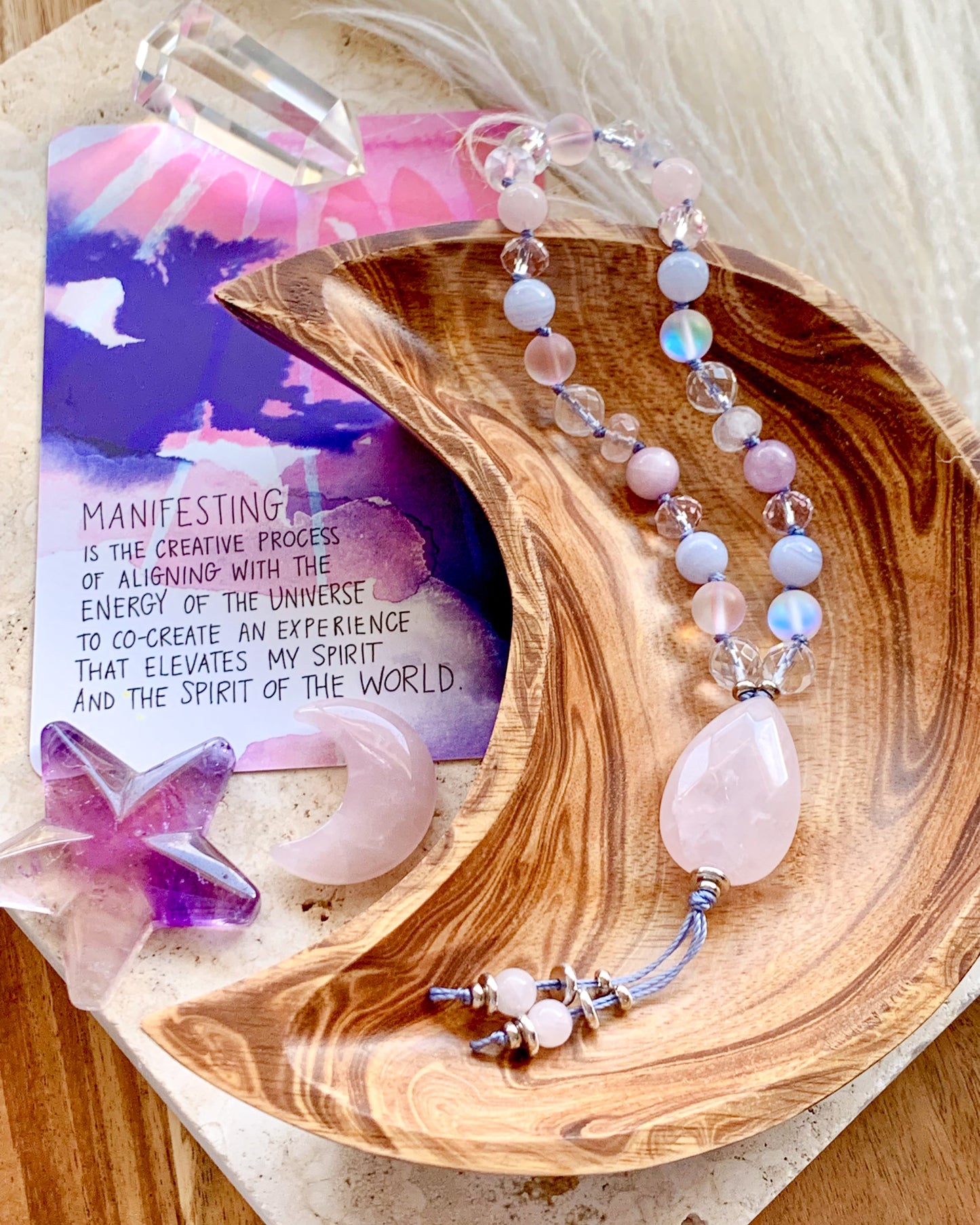 COTTON CANDY SKIES Worry Beads | Aura Quartz, Blue Lace Agate, Clear Quartz, Kunzite + Rose Quartz