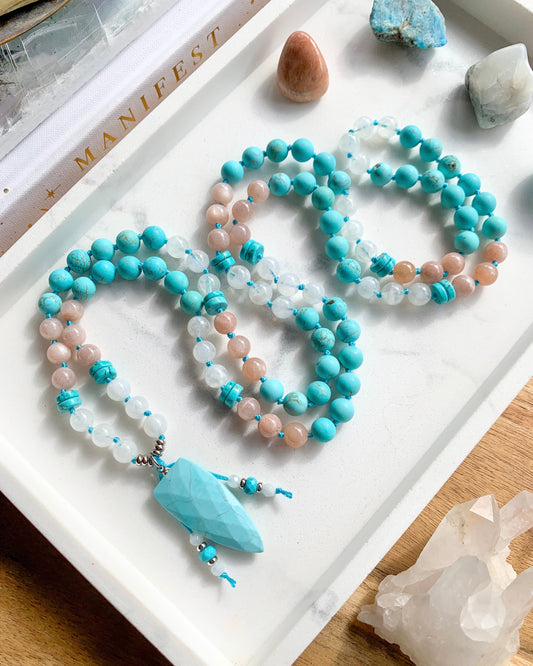 SAINT TROPEZ Mala Necklace | Howlite, Peach Moonstone, Rainbow Moonstone + Turquoise Magnesite