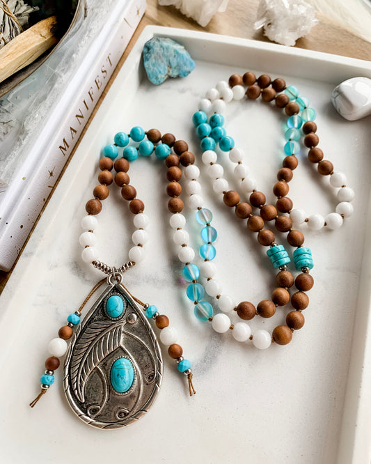 BYRON BAY Mala Necklace | Aura Quartz, Sandalwood, Turquoise Magnesite + White Onyx