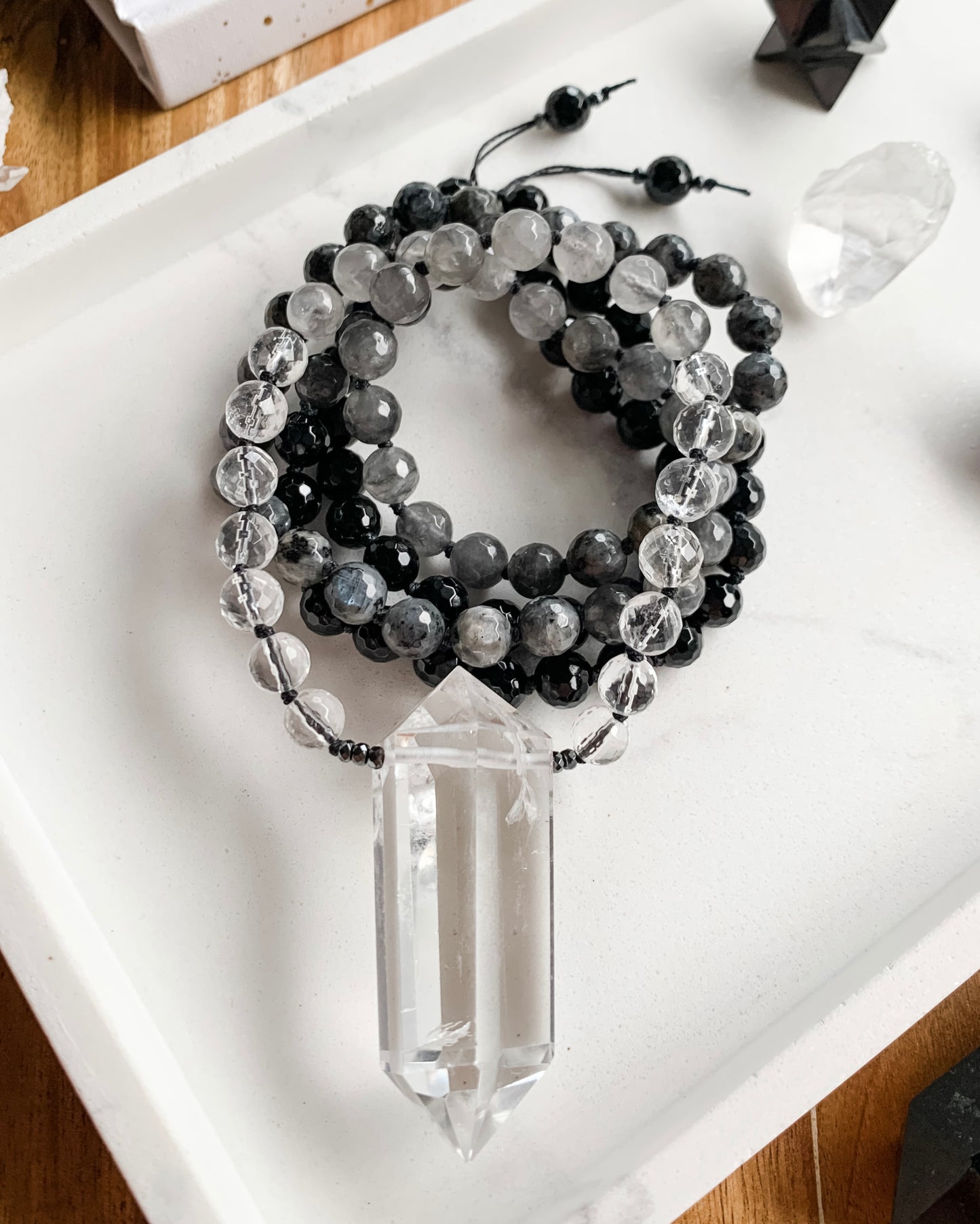 INTO THE LIGHT Mala Necklace | Black Onyx, Clear Quartz, Grey Quartz + Larvikite