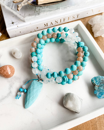 SAINT TROPEZ Mala Necklace | Howlite, Peach Moonstone, Rainbow Moonstone + Turquoise Magnesite