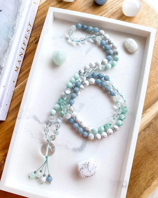TRANQUIL WATERS Mala Necklace | Angelite, Clear Quartz, Moonstone, Selenite + White Howlite