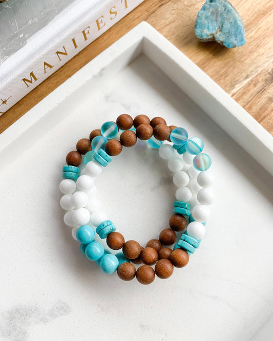BYRON BAY Mala Bracelet | Aura Quartz, Sandalwood, Turquoise Magnesite + White Onyx