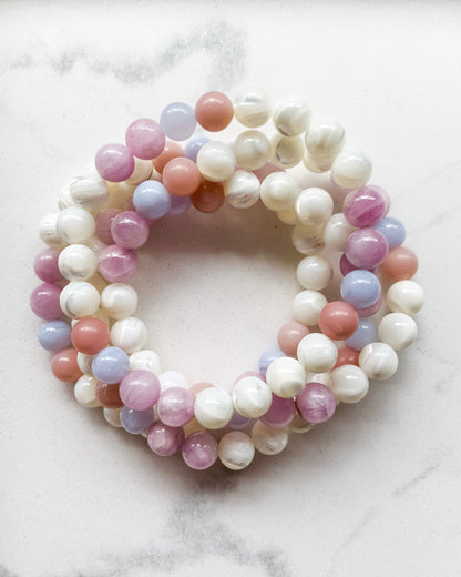 SEASHELLS Mala Bracelet | Blue Lace Agate, Kunzite, Mother of Pearl + Pink Opal